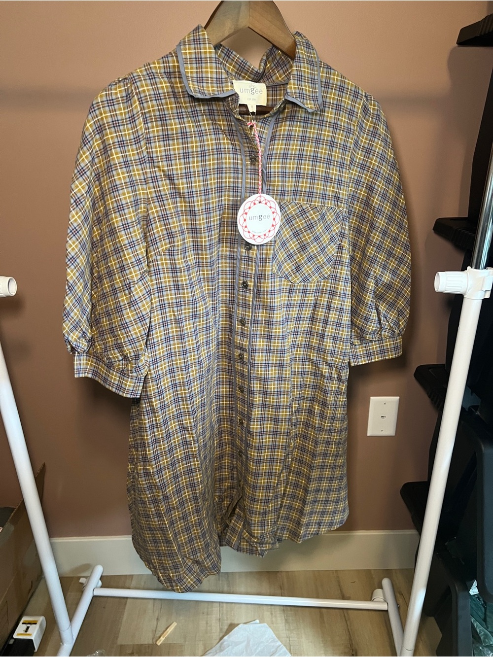 umgee Yellow & Gray Plaid Shirt Dress